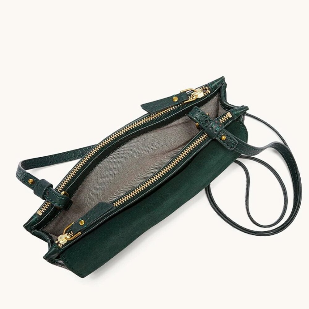 S Fossil Sage Green Leather Suede Crossbody Double-Zip SLG1322366 NWT Alligator - Picture 5 of 13